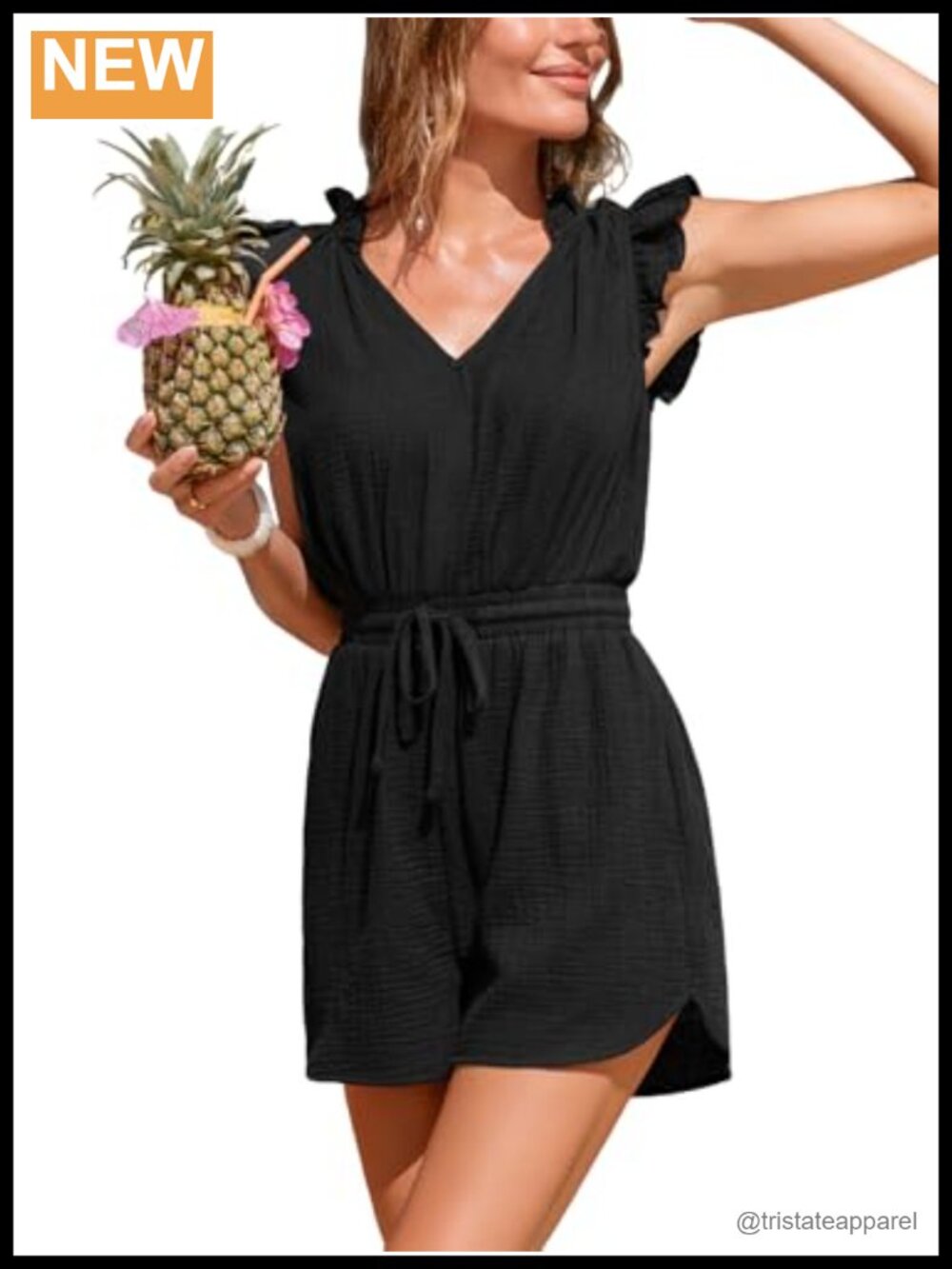 100% Cotton Women's V Neck Ruffle Sleeve Wide Leg Romper Smocked Waist